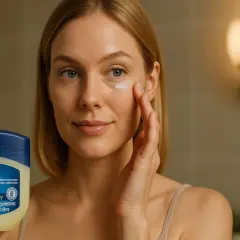 En kvinna applicerar vaselin i ansiktet, nära ögat. Hon håller en burk med Vaseline i handen.