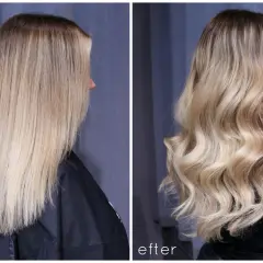 Före och efter-bilder visar en hårförvandling från brunett till blond. Håret har fått en ljusare, vågig stil.