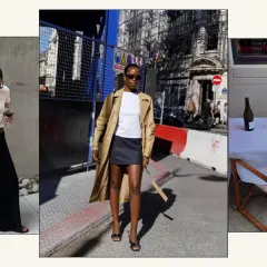 Tre kvinnor visar upp sina stilar. En bär en lång svart kjol, en annan en kort grå kjol under en trenchcoat, och den tredje en vit klänning med spetskant.