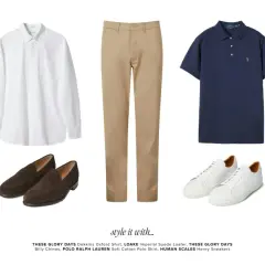 En vit skjorta, beiga chinos, mörkblå pikétröja, bruna loafers och vita sneakers. Perfekt för en avslappnad men stilren look.
