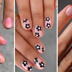 Tre olika stilar av sommar naglar: ombre med glitter, svarta blommor på ljusrosa botten, och fransk manikyr med röd kant.