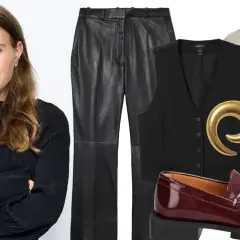 Woman in black top next to VILA leather pants, black vest, beige coat, burgundy loafers, and gold earrings.