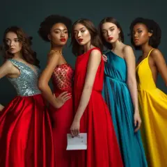 Fem kvinnor i eleganta festklänningar. En glittrig silverklänning, en röd med detaljer, en röd, en turkos och en gul. Alla ser ut att vara redo för en stor gala.