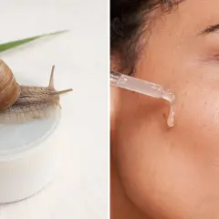 En snigel på en burk, bredvid en droppe snigelslem som appliceras på huden. Naturlig skönhet med snigelslem lyko.