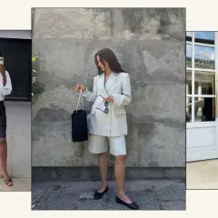Tre kvinnor visar upp stilfulla vita shorts i olika outfits. En bär randiga shorts, en annan en helvit kostym med shorts, och den tredje en svart blazer med vita shorts.