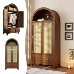 A wooden wardrobe with a curved top, cane doors, and drawers.