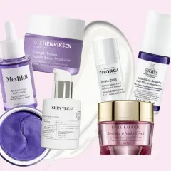 En samling hudvårdsprodukter med fokus på peptider, inklusive serum och krämer från märken som Medik8, Kiehl's och Estée Lauder.