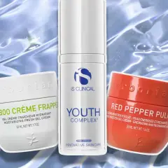 Tre hudvårdsprodukter: Erborian Bamboo Crème Frappée, iS Clinical Youth Complex och Erborian Red Pepper Pulp. Ingredienser som sodium hyaluronate återfuktar huden.