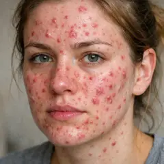 Ansiktsutslag med rodnad och finnar, möjligen relaterat till perioral dermatit och stress.