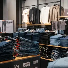 Staplade jeans i olika tvättar och modeller, inklusive "regular tapered" och "slim". En skylt visar olika passformer.