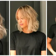 En kvinna med blont, lockigt hår och gardinlugg. Håret är stylat i en modern lob med textur.