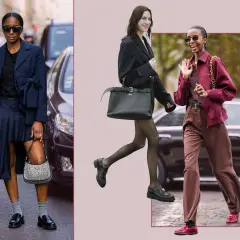Tre damer visar upp snygga loafers dam outfit. En bär en marinblå kavaj och veckad kjol, en annan en svart kavaj med strumpbyxor, och den tredje en vinröd jacka med bruna byxor.