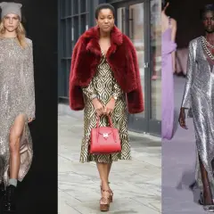 Tre modeller visar upp glittrande klänningar. En bär en silverfärgad klänning med hög slits, en annan en liknande silverfärgad klänning med djup urringning och en tredje en mönstrad klänning med röd fuskpälsjacka.