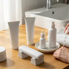 Hudvårdsprodukter, inklusive en droppflaska med serum, en apparat och tuber. Perfekt för att bekämpa retinol akne.