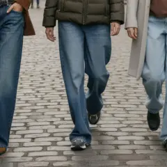Tre personer går på kullerstensgata, alla klädda i vida jeans. Deras skor, från sneakers till loafers, kompletterar looken perfekt.