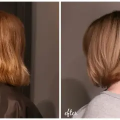 Före och efter-bilder på en hårklippning. Håret har blivit en busig bob frisyr.