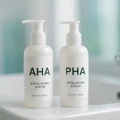 Två vita flaskor med AHA och PHA exfolierande serum står på en diskbänk. Perfekt för en hudvårdsrutin, även om du är gravid.