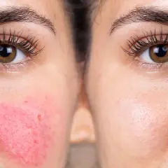 Före- och efterbilder visar hudvård för rosacea. Vänster sida visar rodnad och synliga blodkärl, höger sida visar en lugnare hud.