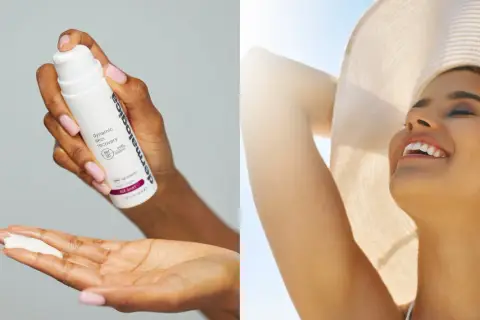 En hand applicerar kräm med SPF 50, bredspektrumskydd mot UVA och UVB, på en annan hand. En glad kvinna i solhatt njuter av solen.