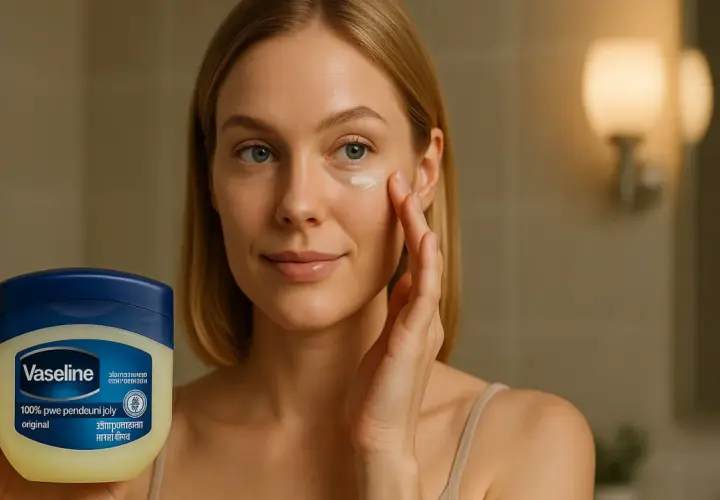 En kvinna applicerar vaselin i ansiktet, nära ögat. Hon håller en burk med Vaseline i handen.