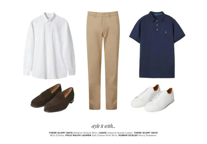 En vit skjorta, beiga chinos, mörkblå pikétröja, bruna loafers och vita sneakers. Perfekt för en avslappnad men stilren look.