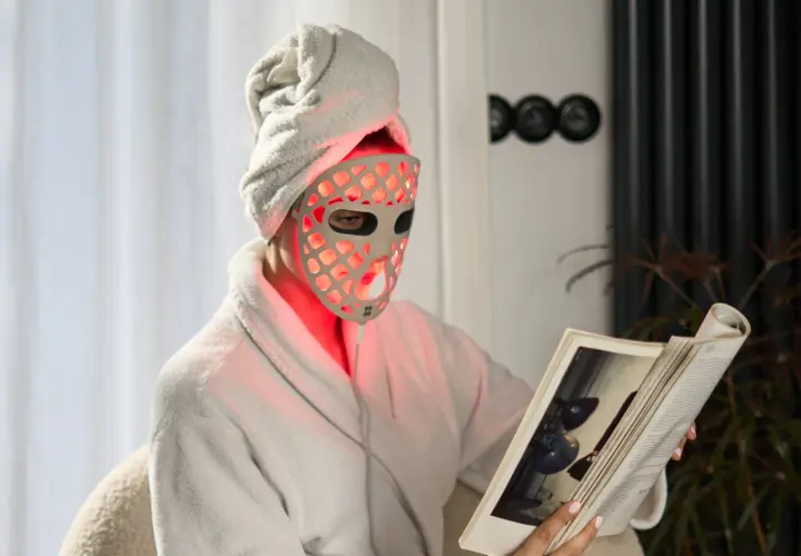 Person i morgonrock och handduk på huvudet läser en bok med en röd led mask ansikte.