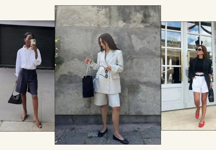 Tre kvinnor visar upp stilfulla vita shorts i olika outfits. En bär randiga shorts, en annan en helvit kostym med shorts, och den tredje en svart blazer med vita shorts.