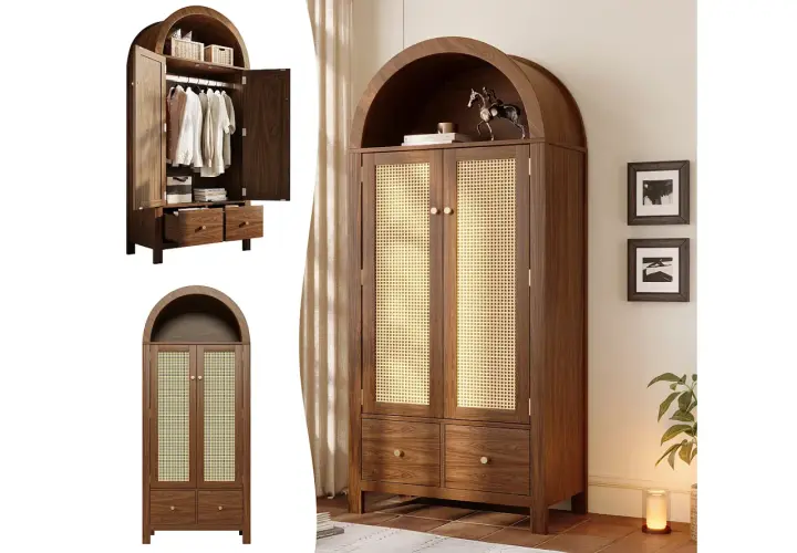 A wooden wardrobe with a curved top, cane doors, and drawers.
