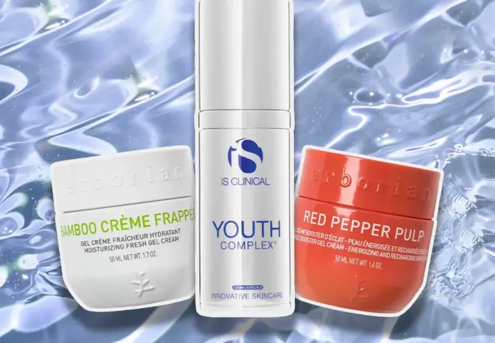Tre hudvårdsprodukter: Erborian Bamboo Crème Frappée, iS Clinical Youth Complex och Erborian Red Pepper Pulp. Ingredienser som sodium hyaluronate återfuktar huden.