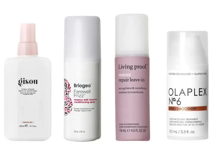 Fyra leave-in produkter för hårvård: Gisou, Briogeo, Living Proof och Olaplex. Perfekt för att ge ditt hår det där lilla extra.