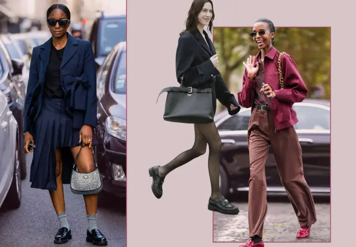 Tre damer visar upp snygga loafers dam outfit. En bär en marinblå kavaj och veckad kjol, en annan en svart kavaj med strumpbyxor, och den tredje en vinröd jacka med bruna byxor.