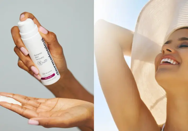 En hand applicerar kräm med SPF 50, bredspektrumskydd mot UVA och UVB, på en annan hand. En glad kvinna i solhatt njuter av solen.