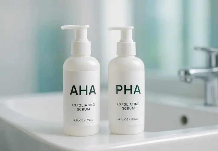 Två vita flaskor med AHA och PHA exfolierande serum står på en diskbänk. Perfekt för en hudvårdsrutin, även om du är gravid.