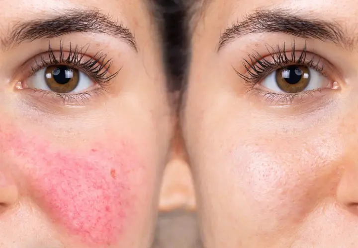 Före- och efterbilder visar hudvård för rosacea. Vänster sida visar rodnad och synliga blodkärl, höger sida visar en lugnare hud.