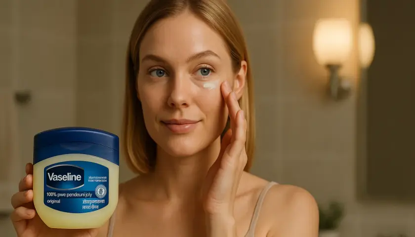 En kvinna applicerar vaselin i ansiktet, nära ögat. Hon håller en burk med Vaseline i handen.