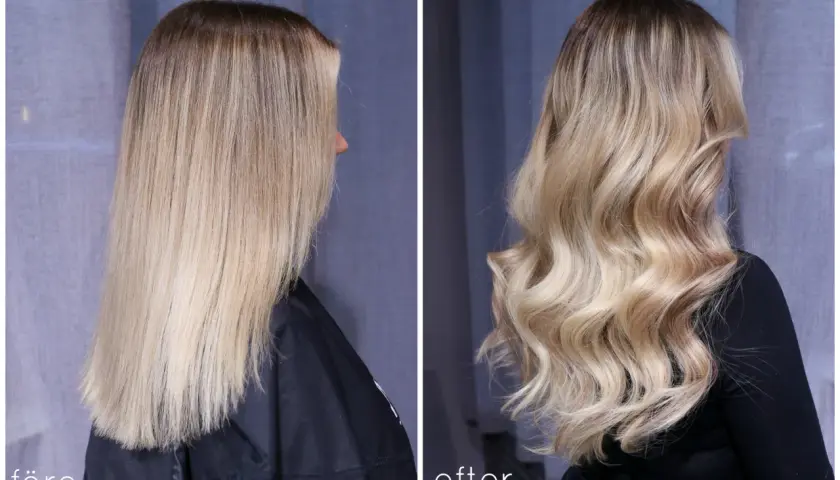 Före och efter-bilder visar en hårförvandling från brunett till blond. Håret har fått en ljusare, vågig stil.