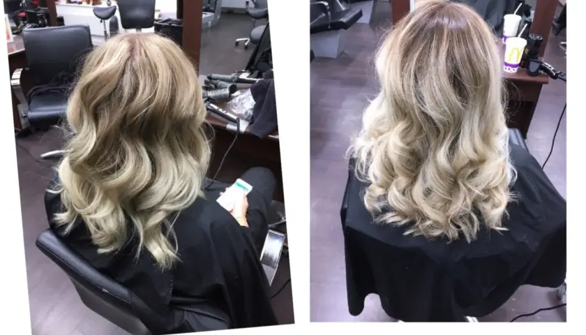 Vackert blont hår med mjuka vågor, perfekt för att locka håret för en festlig look.