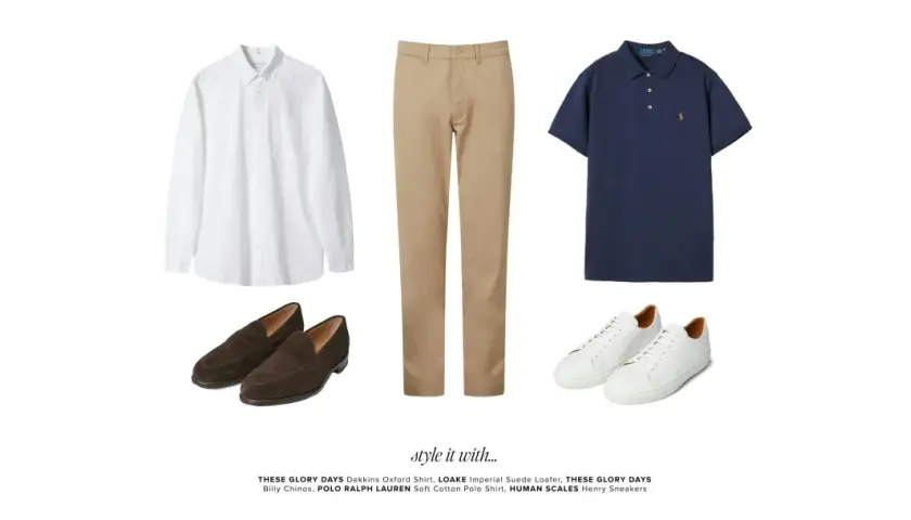 En vit skjorta, beiga chinos, mörkblå pikétröja, bruna loafers och vita sneakers. Perfekt för en avslappnad men stilren look.