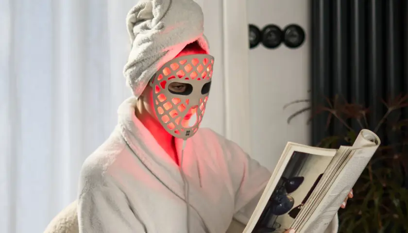 Person i morgonrock och handduk på huvudet läser en bok med en röd led mask ansikte.