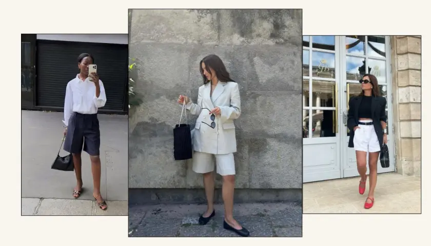 Tre kvinnor visar upp stilfulla vita shorts i olika outfits. En bär randiga shorts, en annan en helvit kostym med shorts, och den tredje en svart blazer med vita shorts.