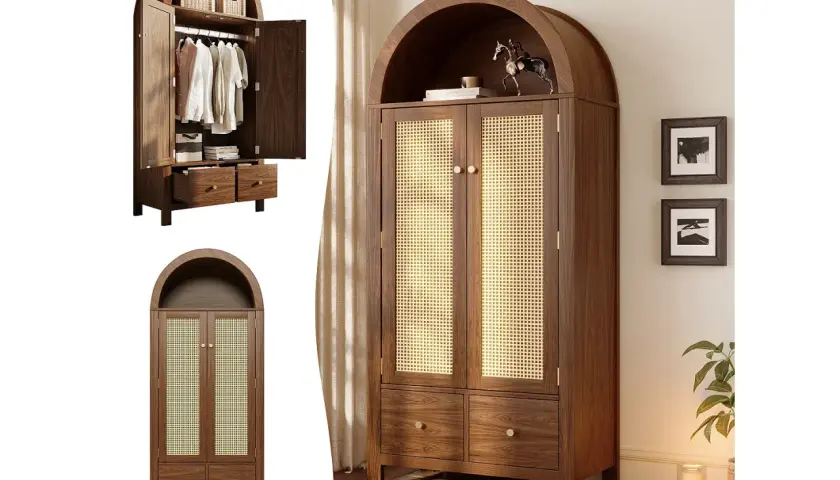 A wooden wardrobe with a curved top, cane doors, and drawers.
