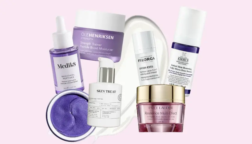 En samling hudvårdsprodukter med fokus på peptider, inklusive serum och krämer från märken som Medik8, Kiehl's och Estée Lauder.