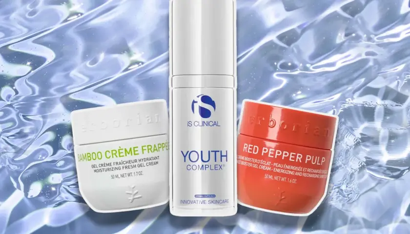 Tre hudvårdsprodukter: Erborian Bamboo Crème Frappée, iS Clinical Youth Complex och Erborian Red Pepper Pulp. Ingredienser som sodium hyaluronate återfuktar huden.