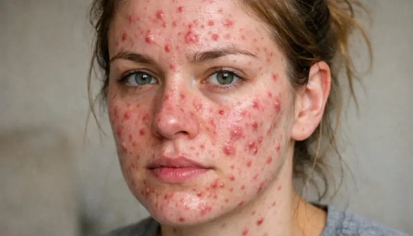 Ansiktsutslag med rodnad och finnar, möjligen relaterat till perioral dermatit och stress.