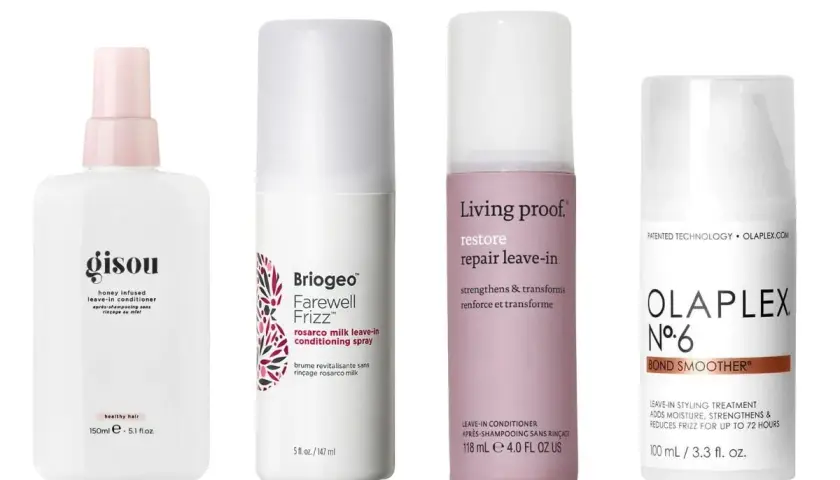 Fyra leave-in produkter för hårvård: Gisou, Briogeo, Living Proof och Olaplex. Perfekt för att ge ditt hår det där lilla extra.