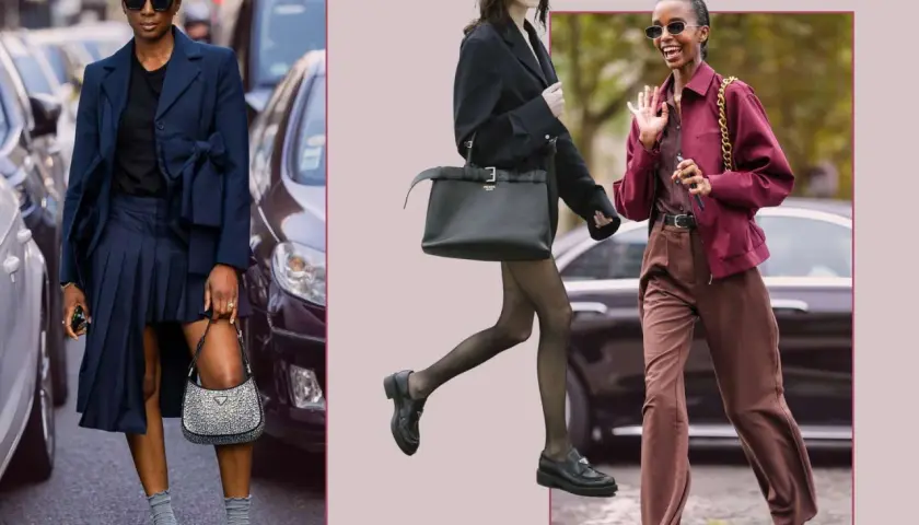 Tre damer visar upp snygga loafers dam outfit. En bär en marinblå kavaj och veckad kjol, en annan en svart kavaj med strumpbyxor, och den tredje en vinröd jacka med bruna byxor.