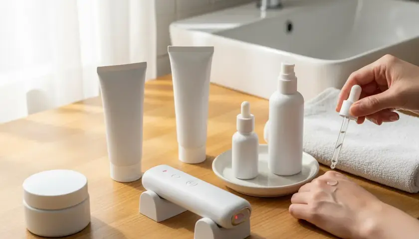 Hudvårdsprodukter, inklusive en droppflaska med serum, en apparat och tuber. Perfekt för att bekämpa retinol akne.