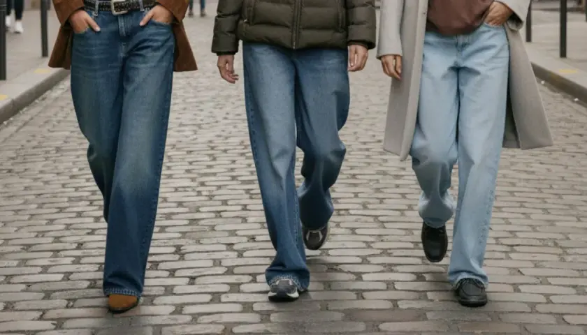 Tre personer går på kullerstensgata, alla klädda i vida jeans. Deras skor, från sneakers till loafers, kompletterar looken perfekt.