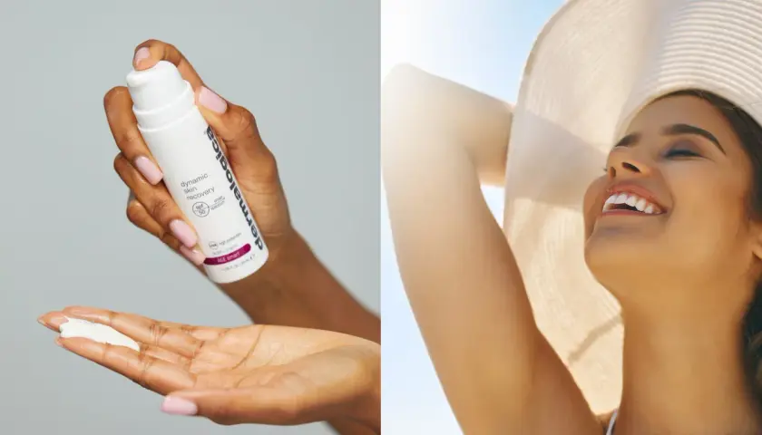 En hand applicerar kräm med SPF 50, bredspektrumskydd mot UVA och UVB, på en annan hand. En glad kvinna i solhatt njuter av solen.