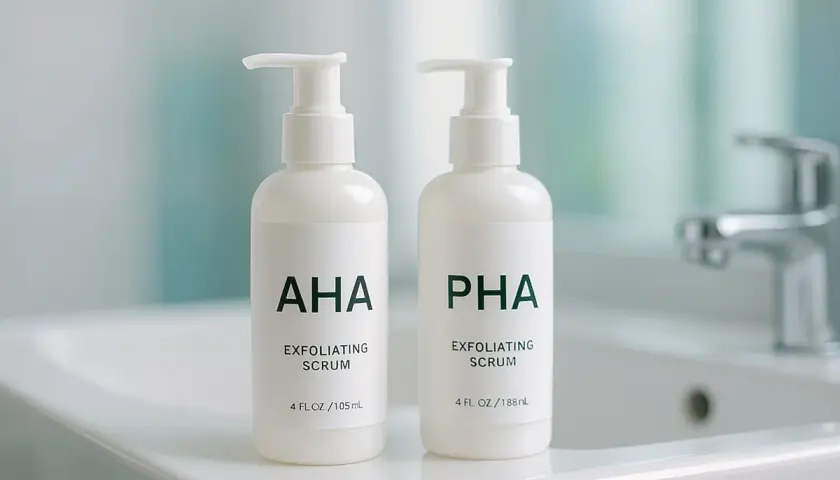 Två vita flaskor med AHA och PHA exfolierande serum står på en diskbänk. Perfekt för en hudvårdsrutin, även om du är gravid.